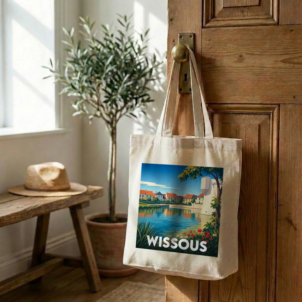 Tote bag en toile arborant une illustration colorée et stylisée de la ville de Wissous.