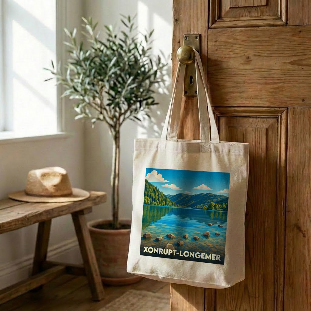 Tote bag souvenir de la ville de Xonrupt-Longemer avec une illustration stylisée de son lac et des montagnes.
