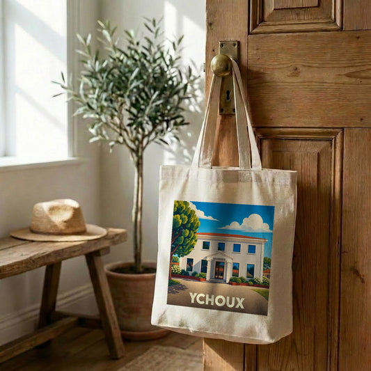 Tote bag souvenir de la ville d'Ychoux avec une illustration stylisée.