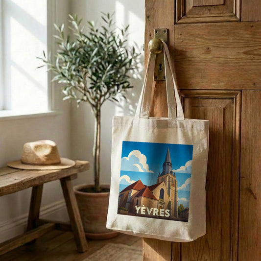 Tote bag souvenir de la ville de Yèvres avec une illustration stylisée de son église.