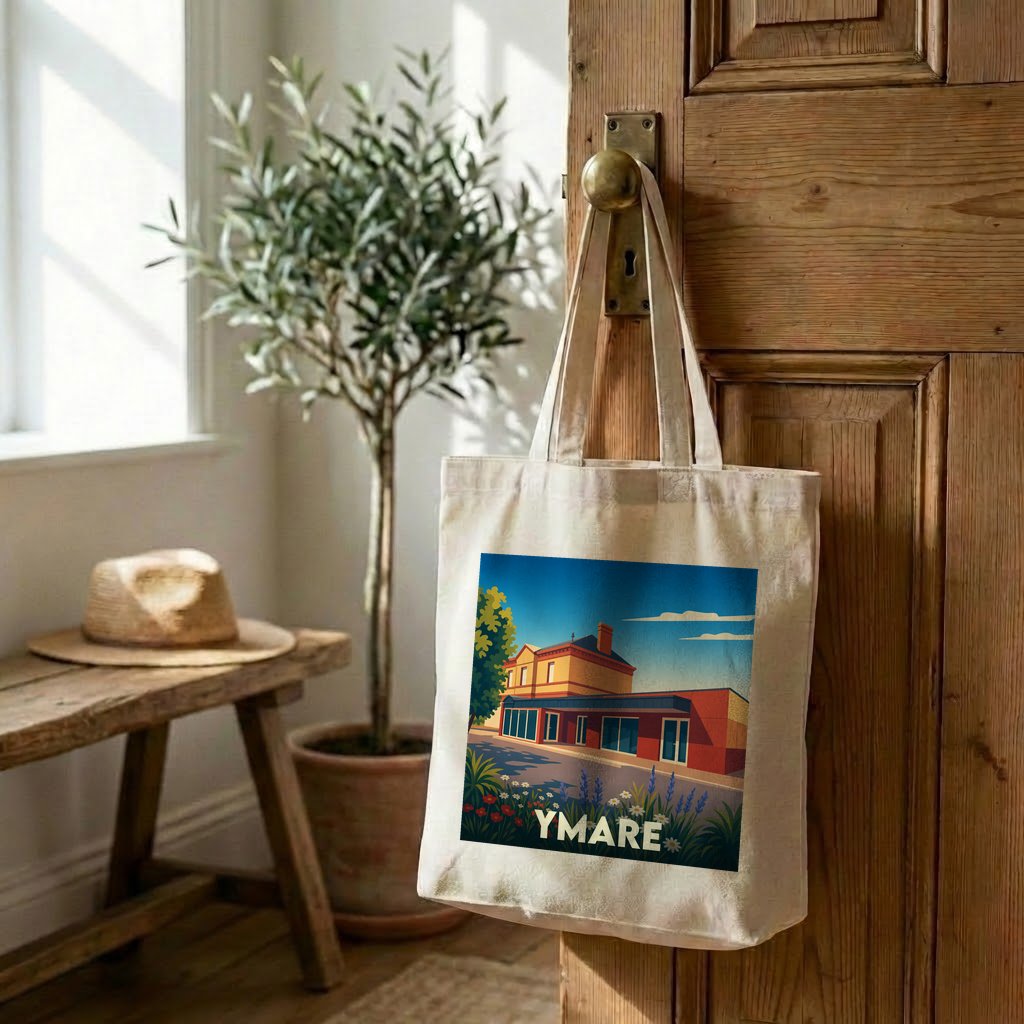 Tote bag souvenir de la ville d'Ymare avec une illustration stylisée d'un bâtiment local.