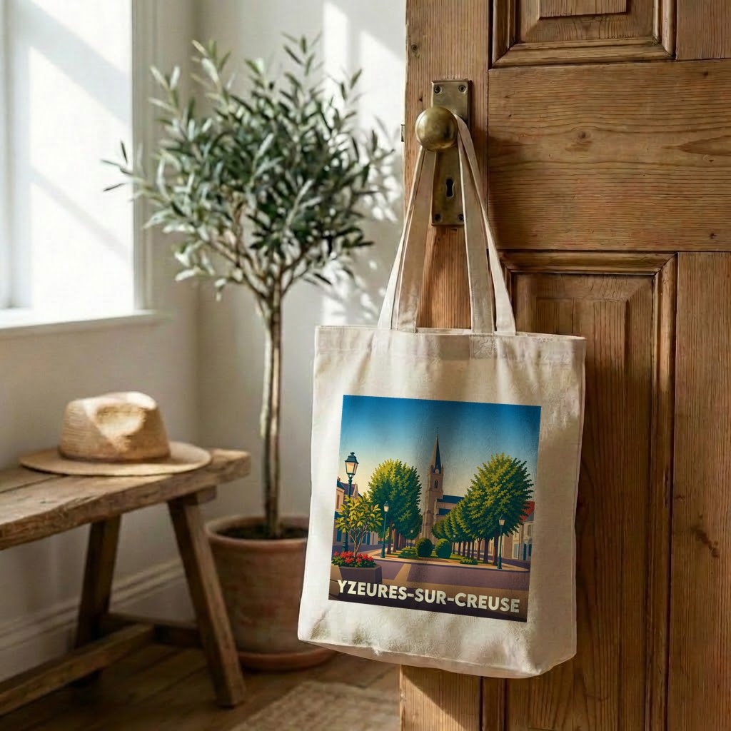 Tote bag souvenir de la ville d'Yzeures-sur-Creuse avec une illustration stylisée.