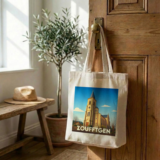 Tote bag souvenir de la ville de Zoufftgen avec une illustration stylisée de son église.