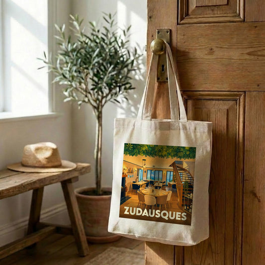 Tote bag souvenir de la ville de Zudausques avec une illustration stylisée d'un restaurant chaleureux.
